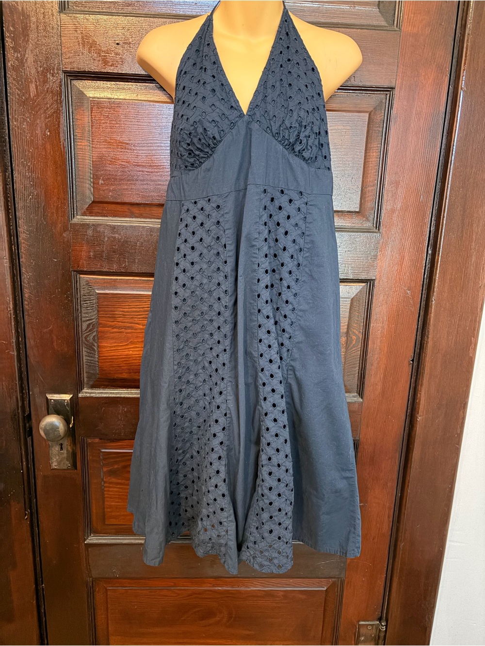Axcess Navy Halter Eyelet Midi Dress with A-Line Skirt